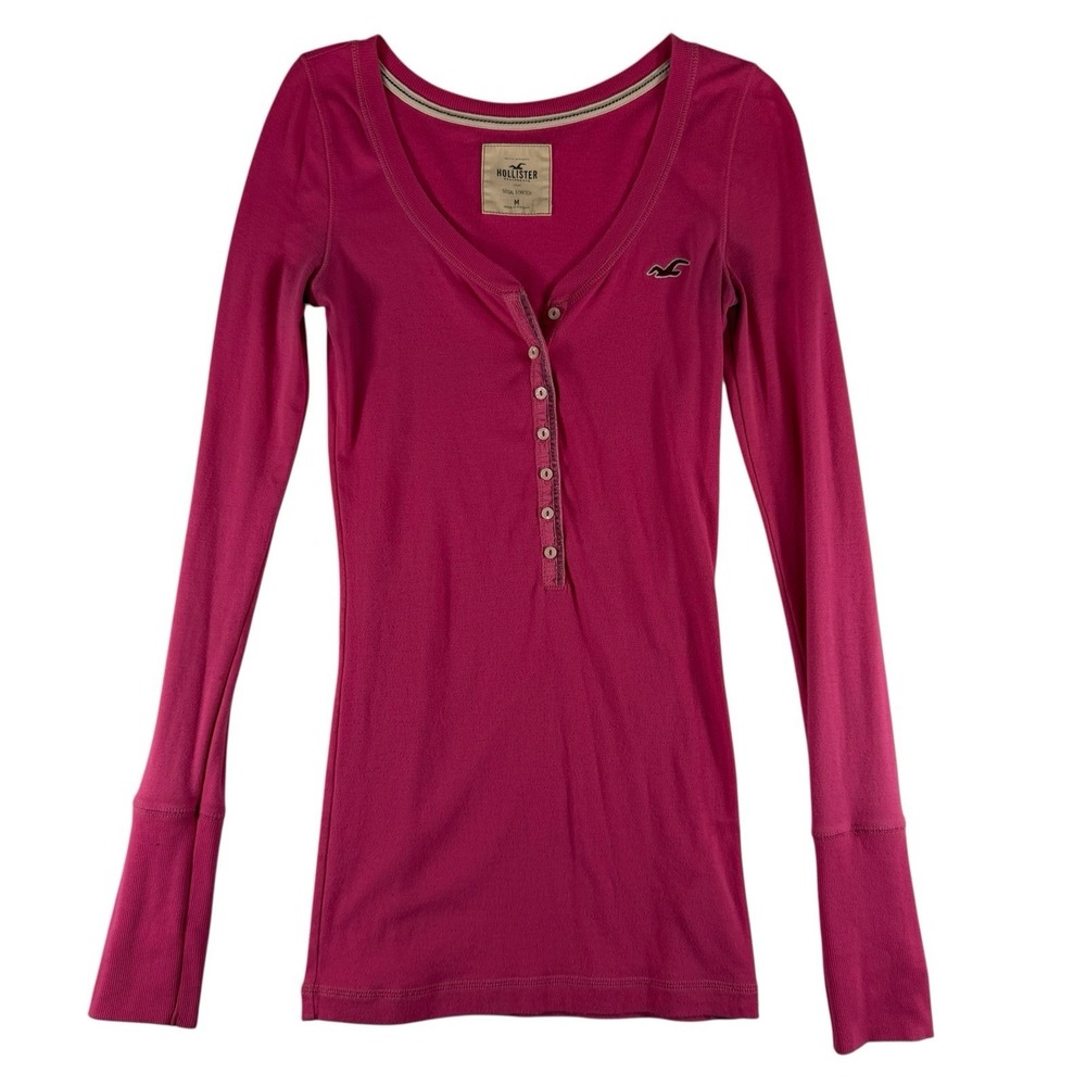 Vintage Y2K Hollister Sz M Henley Top Bella Swan Fitted Pink Elena Gilbert LS